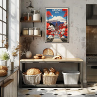 Hakone Vintage Travel Art with Pagoda and Mountains Poster PosterGoat