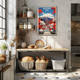 Hakone Vintage Travel Art with Pagoda and Mountains Poster PosterGoat
