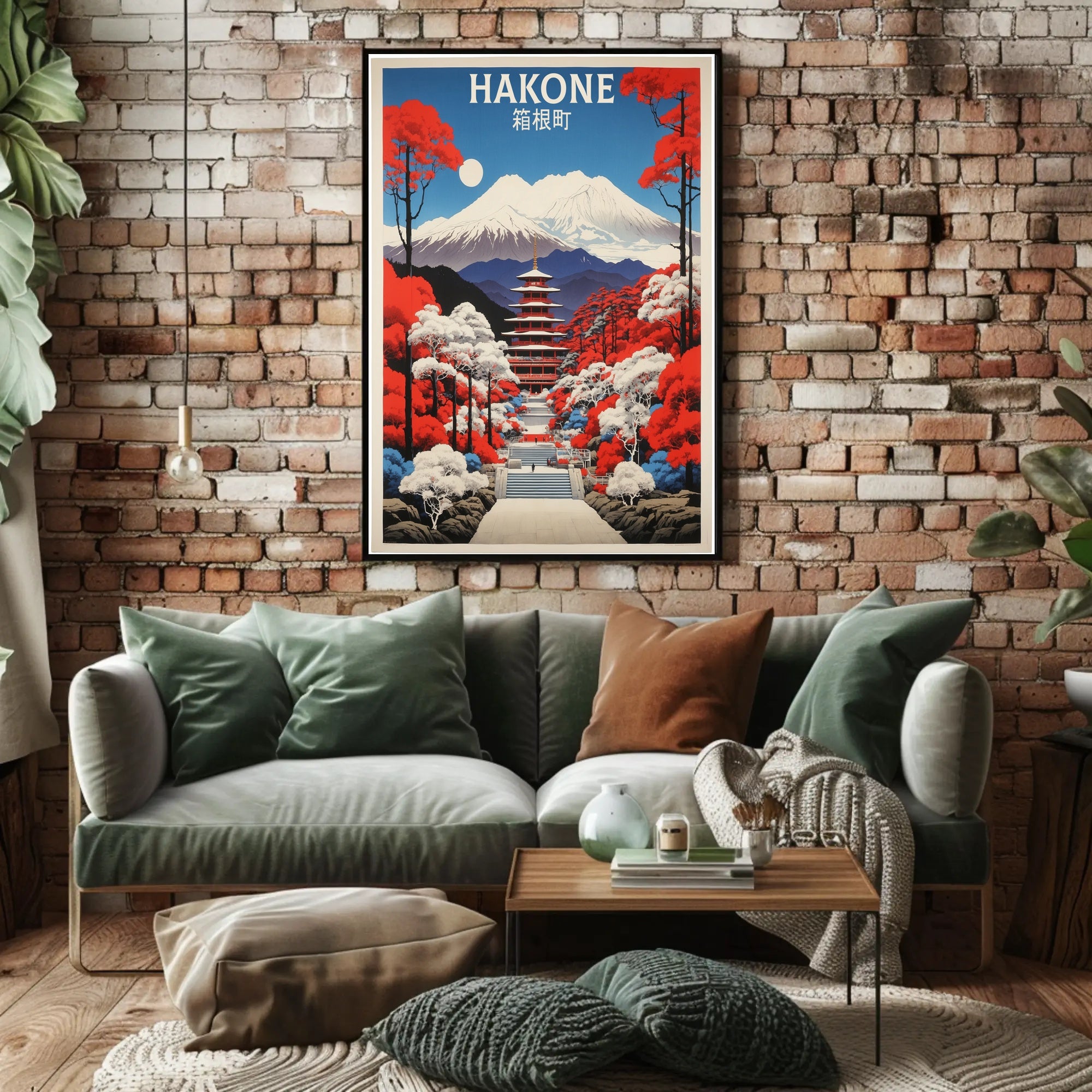 Hakone Vintage Travel Art with Pagoda and Mountains Poster PosterGoat