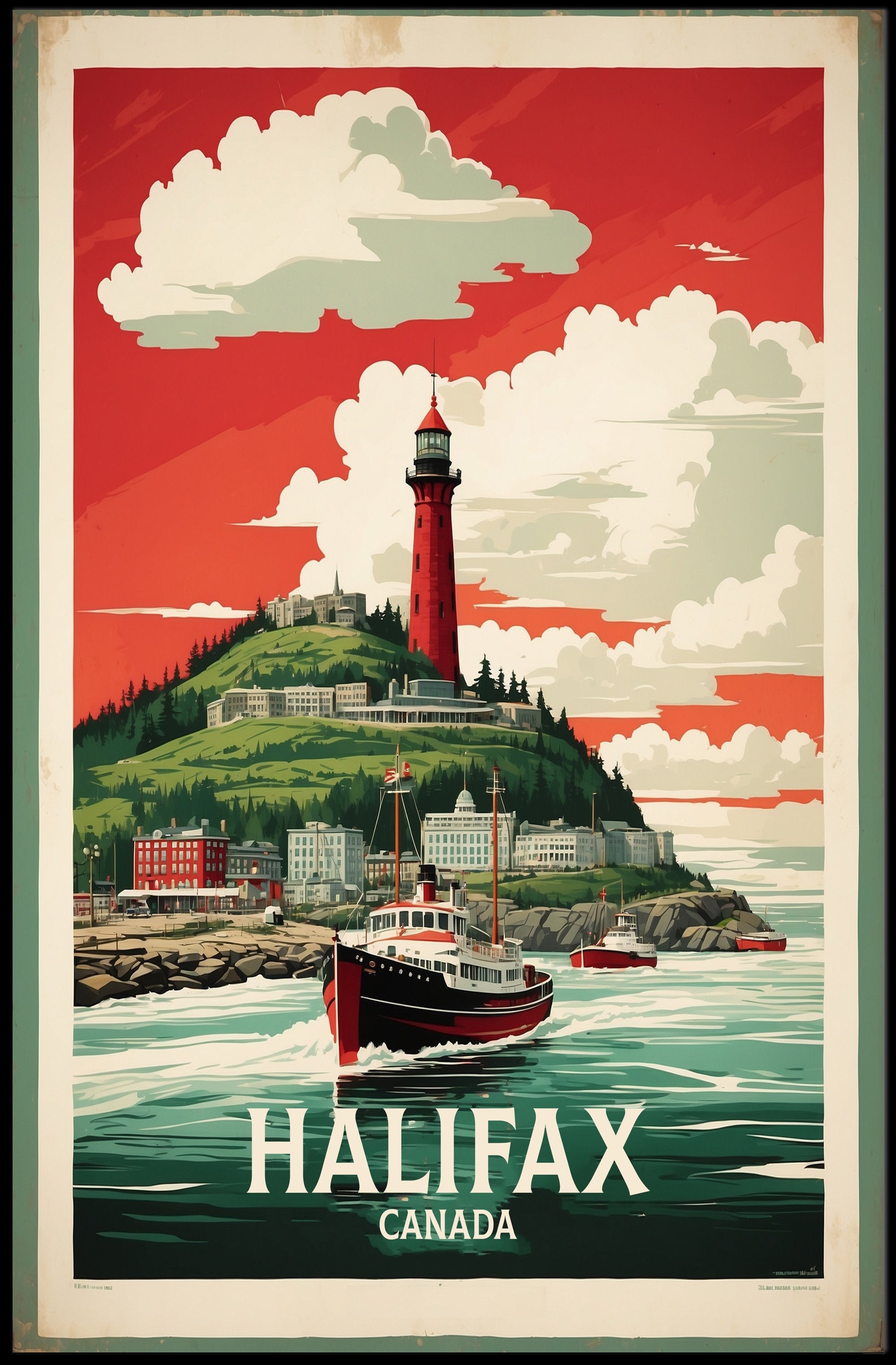 Halifax Vintage Travel Art with Red Lighthouse Travel Poster PosterGoat