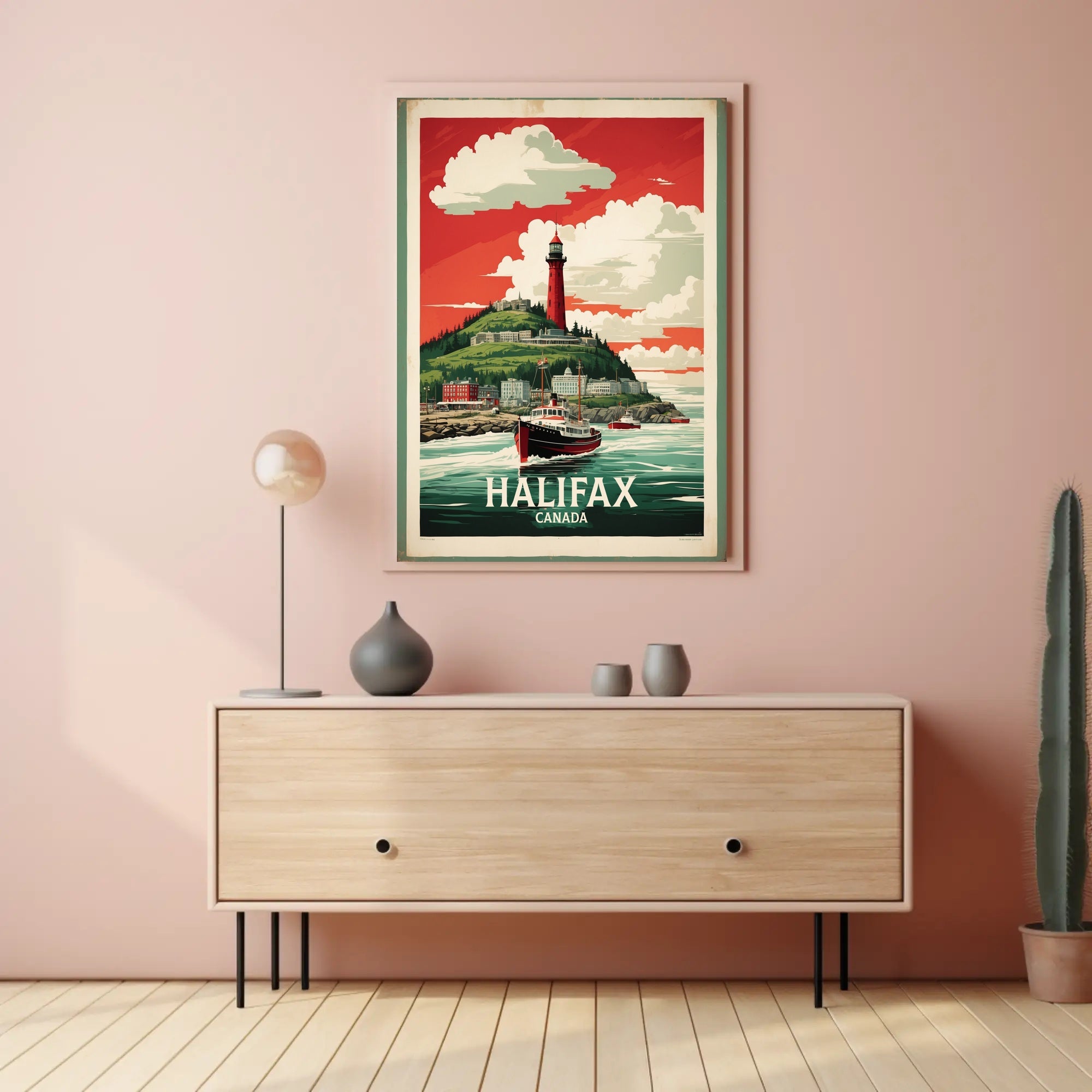 Halifax Vintage Travel Art with Red Lighthouse Travel Poster PosterGoat