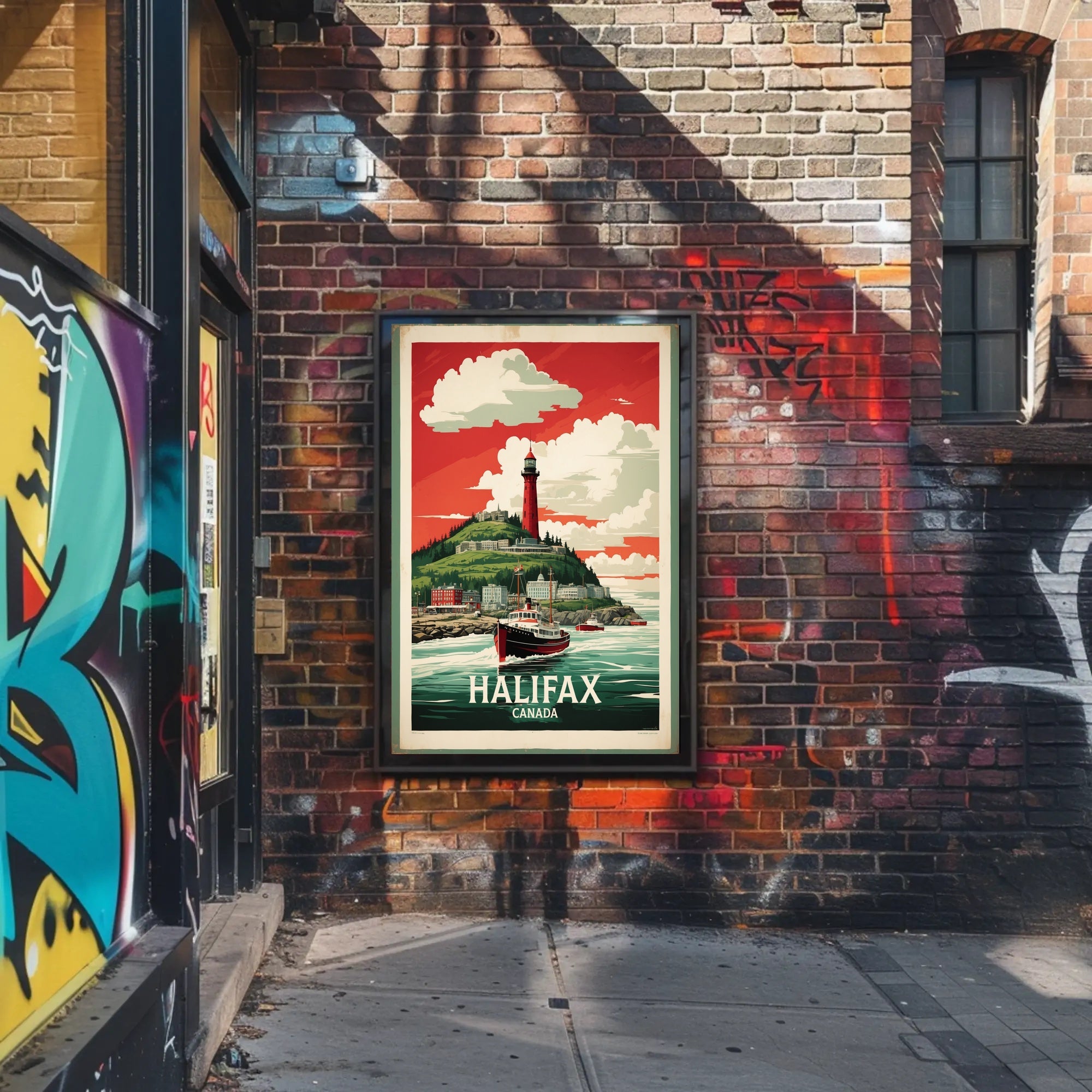 Halifax Vintage Travel Art with Red Lighthouse Travel Poster PosterGoat