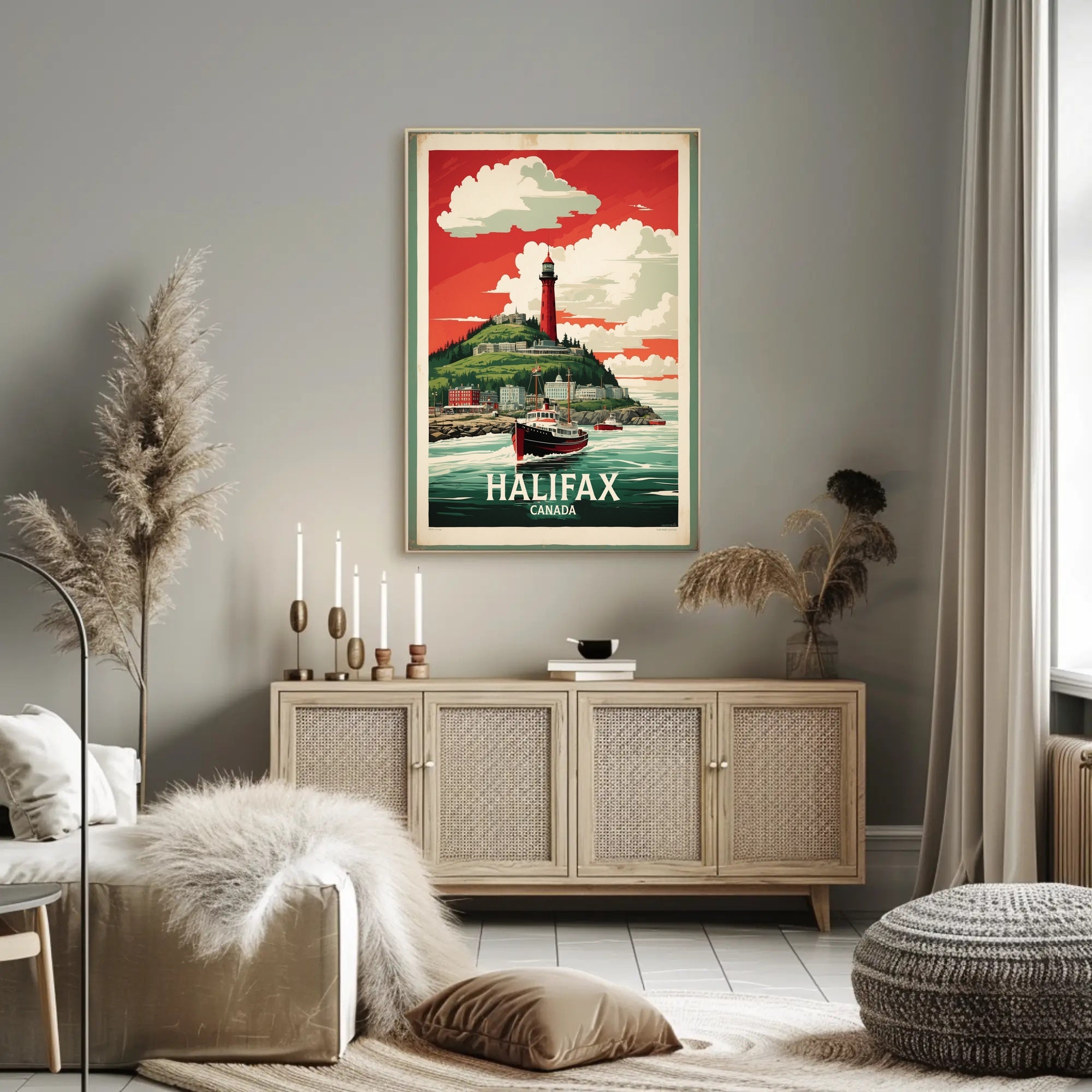 Halifax Vintage Travel Art with Red Lighthouse Travel Poster PosterGoat