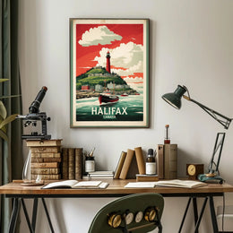 Halifax Vintage Travel Art with Red Lighthouse Travel Poster PosterGoat