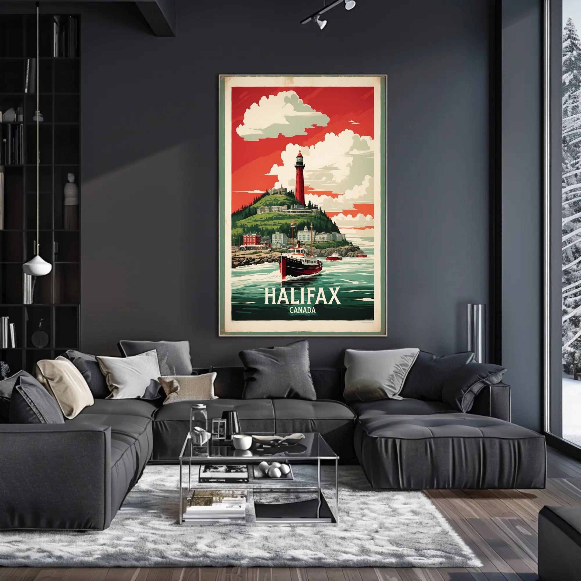 Halifax Vintage Travel Art with Red Lighthouse Travel Poster PosterGoat