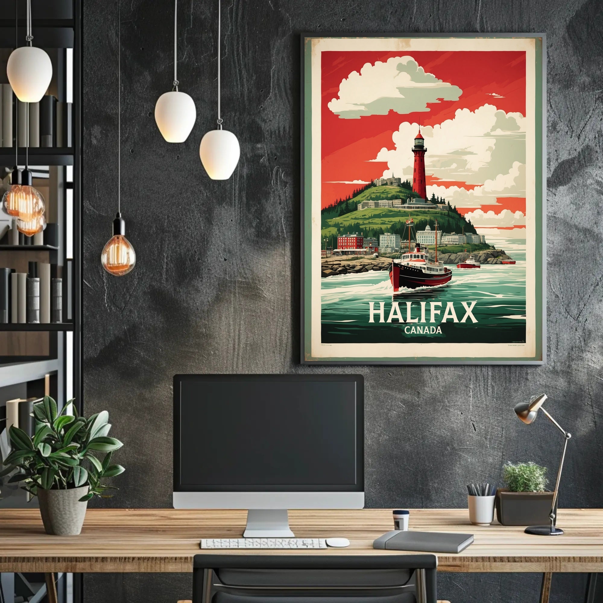 Halifax Vintage Travel Art with Red Lighthouse Travel Poster PosterGoat