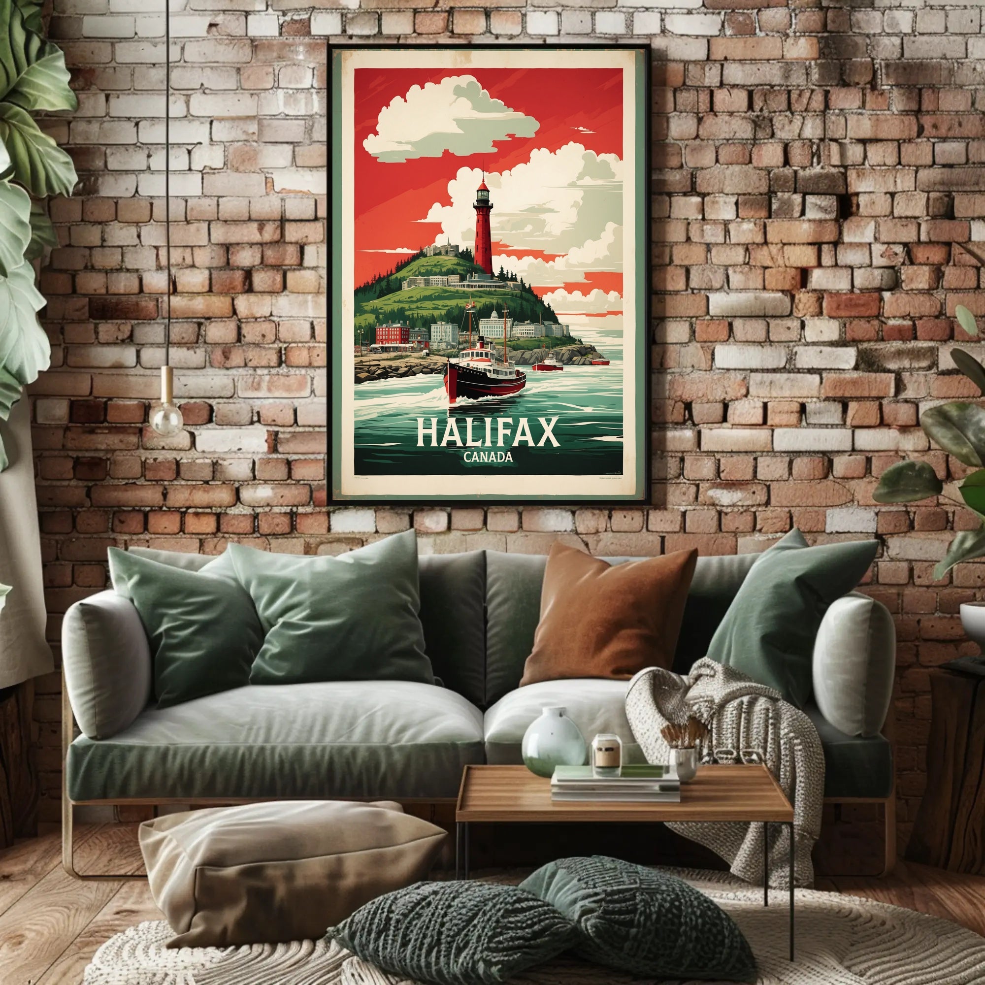 Halifax Vintage Travel Art with Red Lighthouse Travel Poster PosterGoat