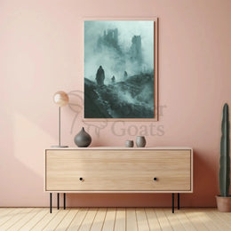 Haunting Cloaked Figures in Mystical Ruins Artistic Poster PosterGoat