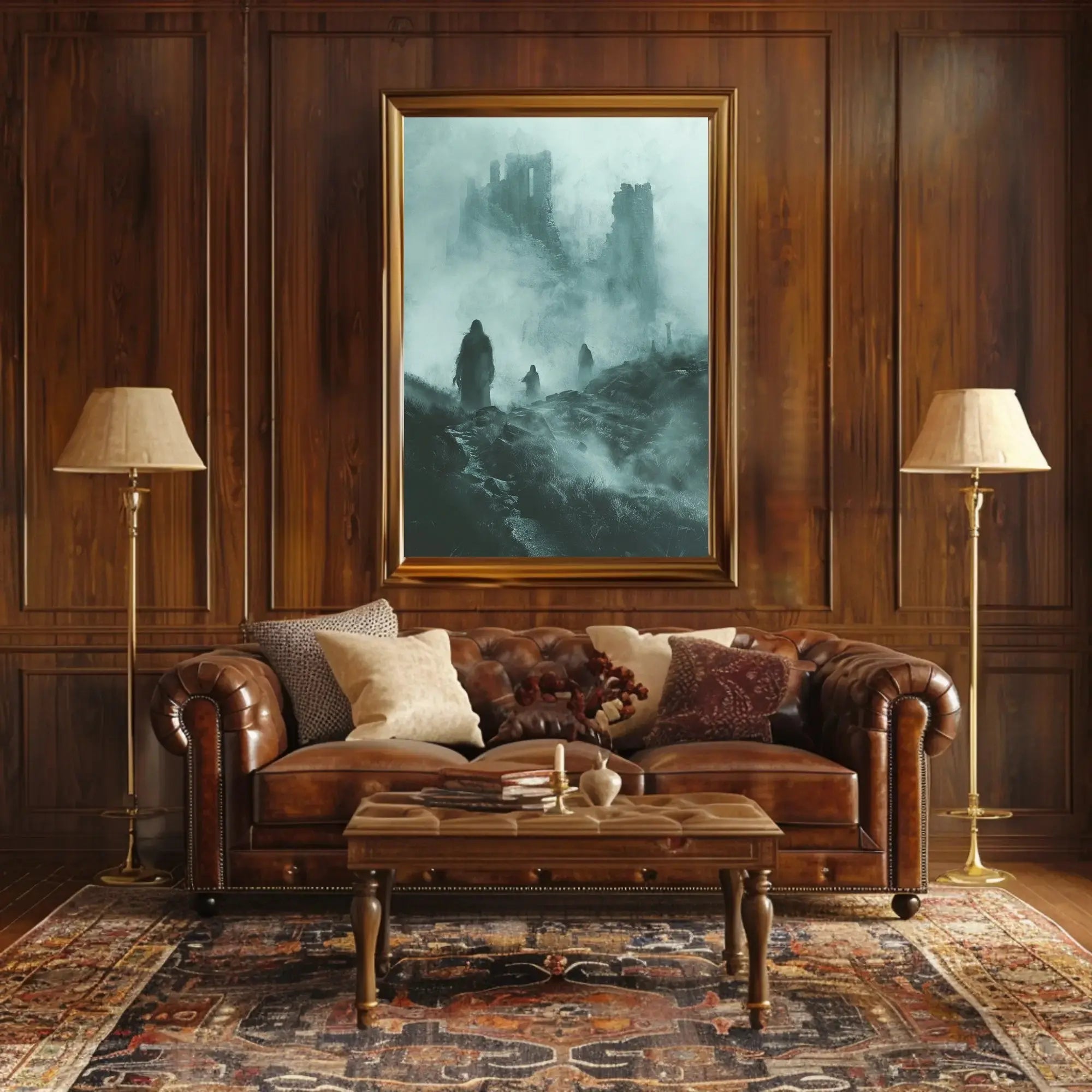 Haunting Cloaked Figures in Mystical Ruins Artistic Poster PosterGoat