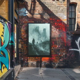 Haunting Cloaked Figures in Mystical Ruins Artistic Poster PosterGoat