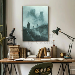 Haunting Cloaked Figures in Mystical Ruins Artistic Poster PosterGoat