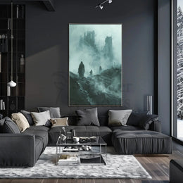 Haunting Cloaked Figures in Mystical Ruins Artistic Poster PosterGoat
