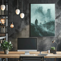 Haunting Cloaked Figures in Mystical Ruins Artistic Poster PosterGoat