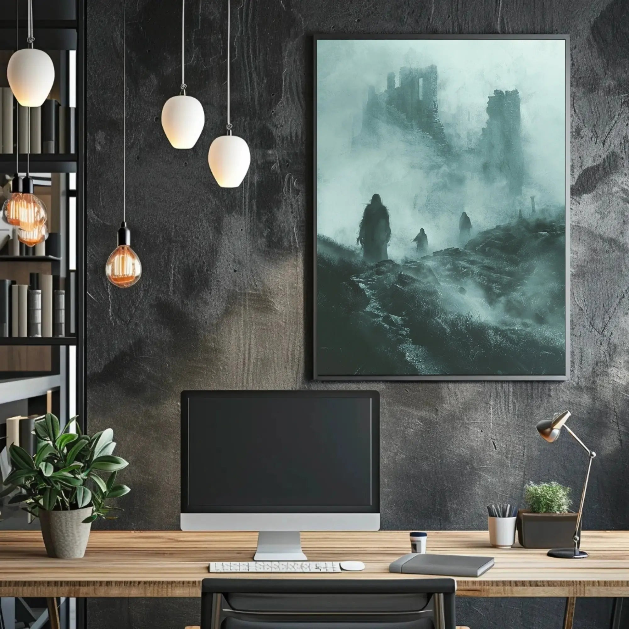 Haunting Cloaked Figures in Mystical Ruins Artistic Poster PosterGoat