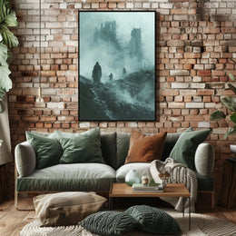 Haunting Cloaked Figures in Mystical Ruins Artistic Poster PosterGoat