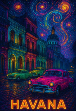Havana Nightscape with Classic Cars Travel Poster PosterGoat
