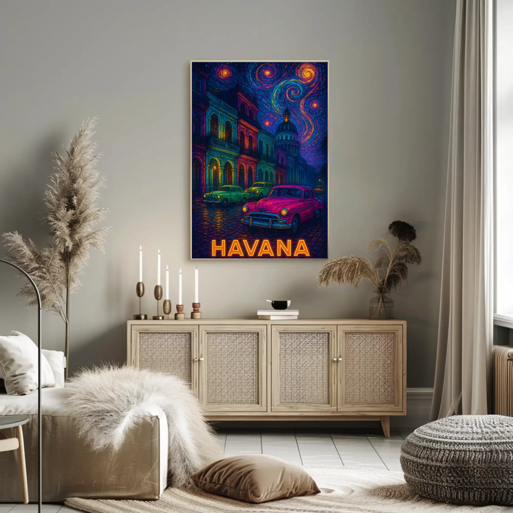 Havana Nightscape with Classic Cars Travel Poster PosterGoat