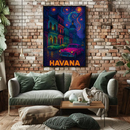 Havana Nightscape with Classic Cars Travel Poster PosterGoat
