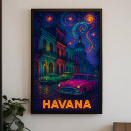 Havana Nightscape with Classic Cars Travel Poster PosterGoat
