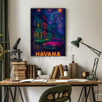 Havana Nightscape with Classic Cars Travel Poster PosterGoat