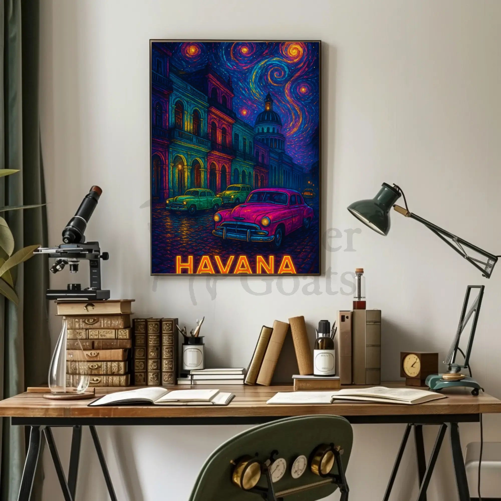 Havana Nightscape with Classic Cars Travel Poster PosterGoat