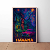Havana Nightscape with Classic Cars Travel Poster PosterGoat