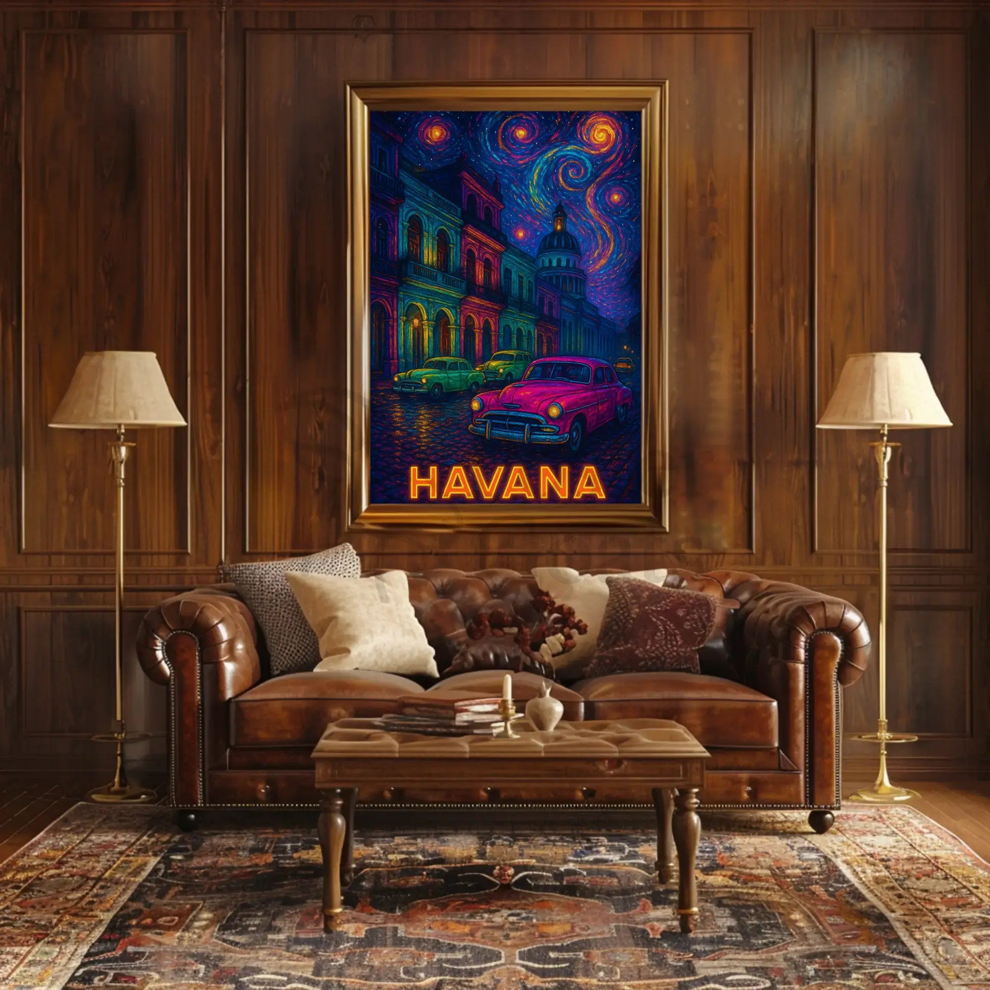Havana Nightscape with Classic Cars Travel Poster PosterGoat