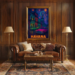 Havana Nightscape with Classic Cars Travel Poster PosterGoat