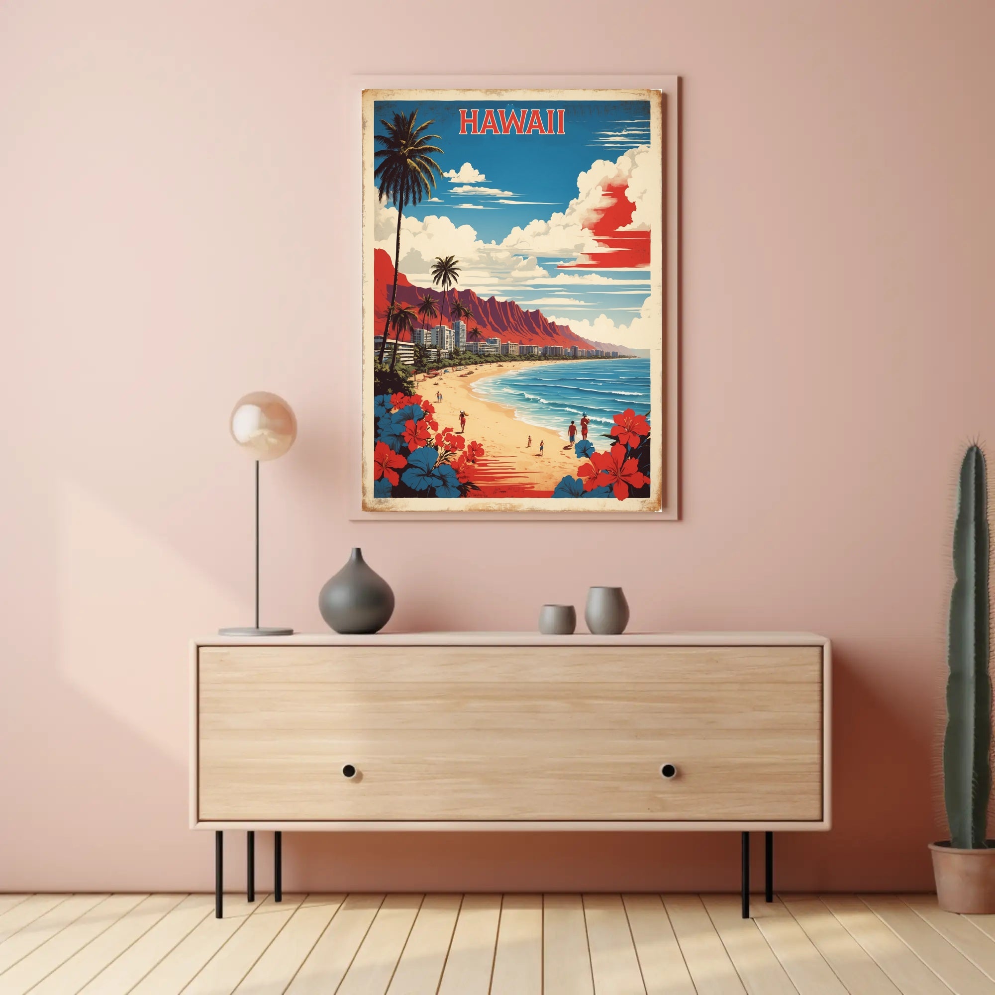 Hawaiian Beach Scene: Vintage Tropical Paradise Travel Poster PosterGoat