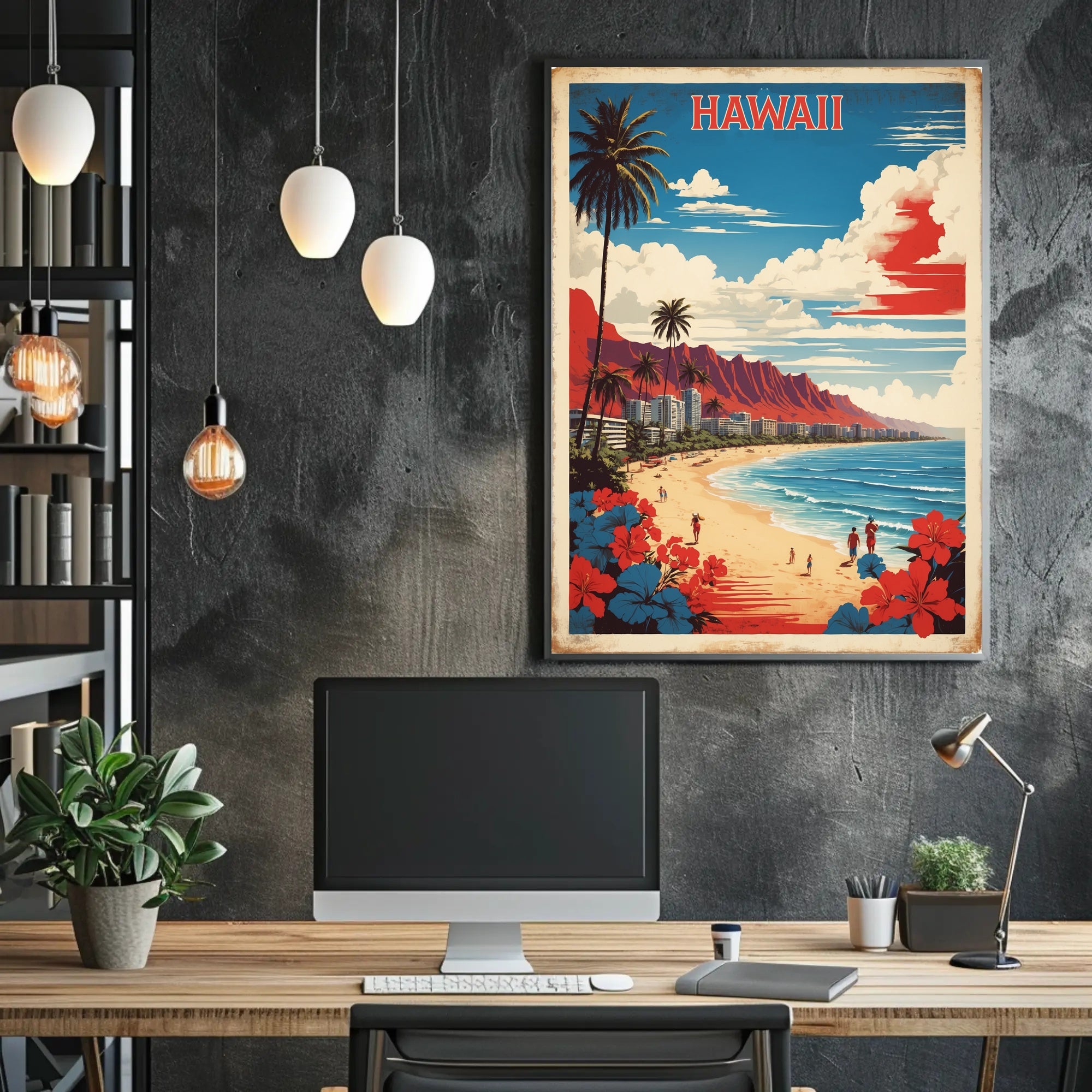 Hawaiian Beach Scene: Vintage Tropical Paradise Travel Poster PosterGoat