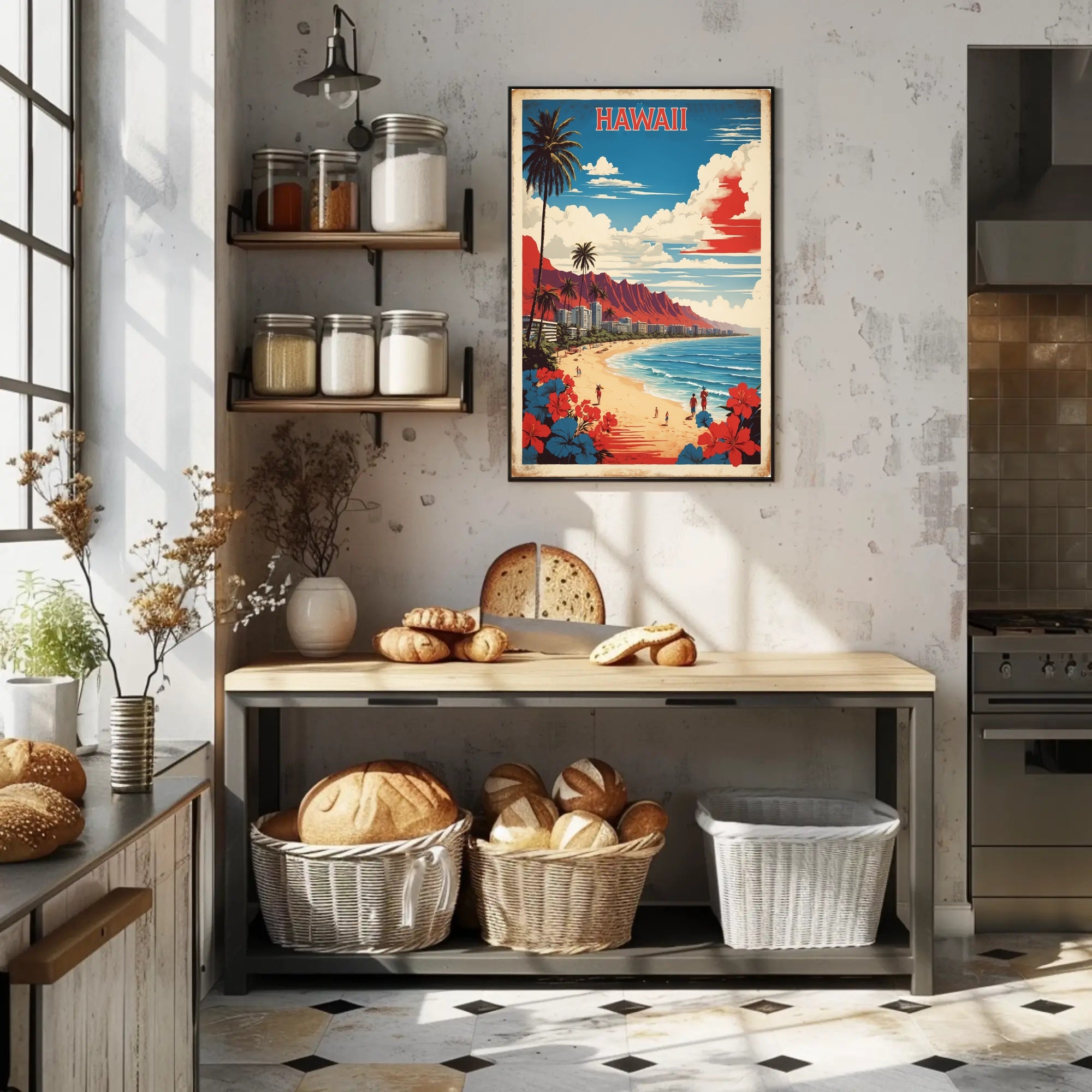 Hawaiian Beach Scene: Vintage Tropical Paradise Travel Poster PosterGoat
