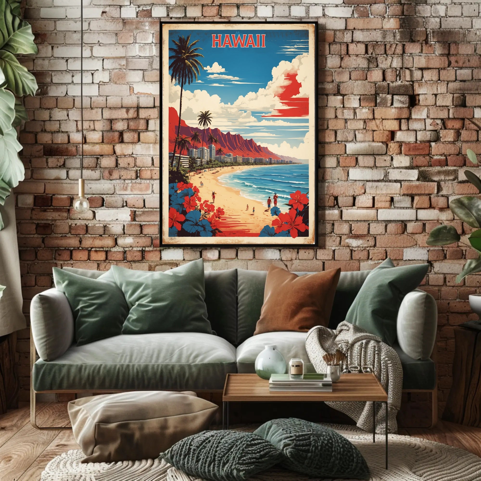 Hawaiian Beach Scene: Vintage Tropical Paradise Travel Poster PosterGoat