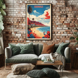 Hawaiian Beach Scene: Vintage Tropical Paradise Travel Poster PosterGoat