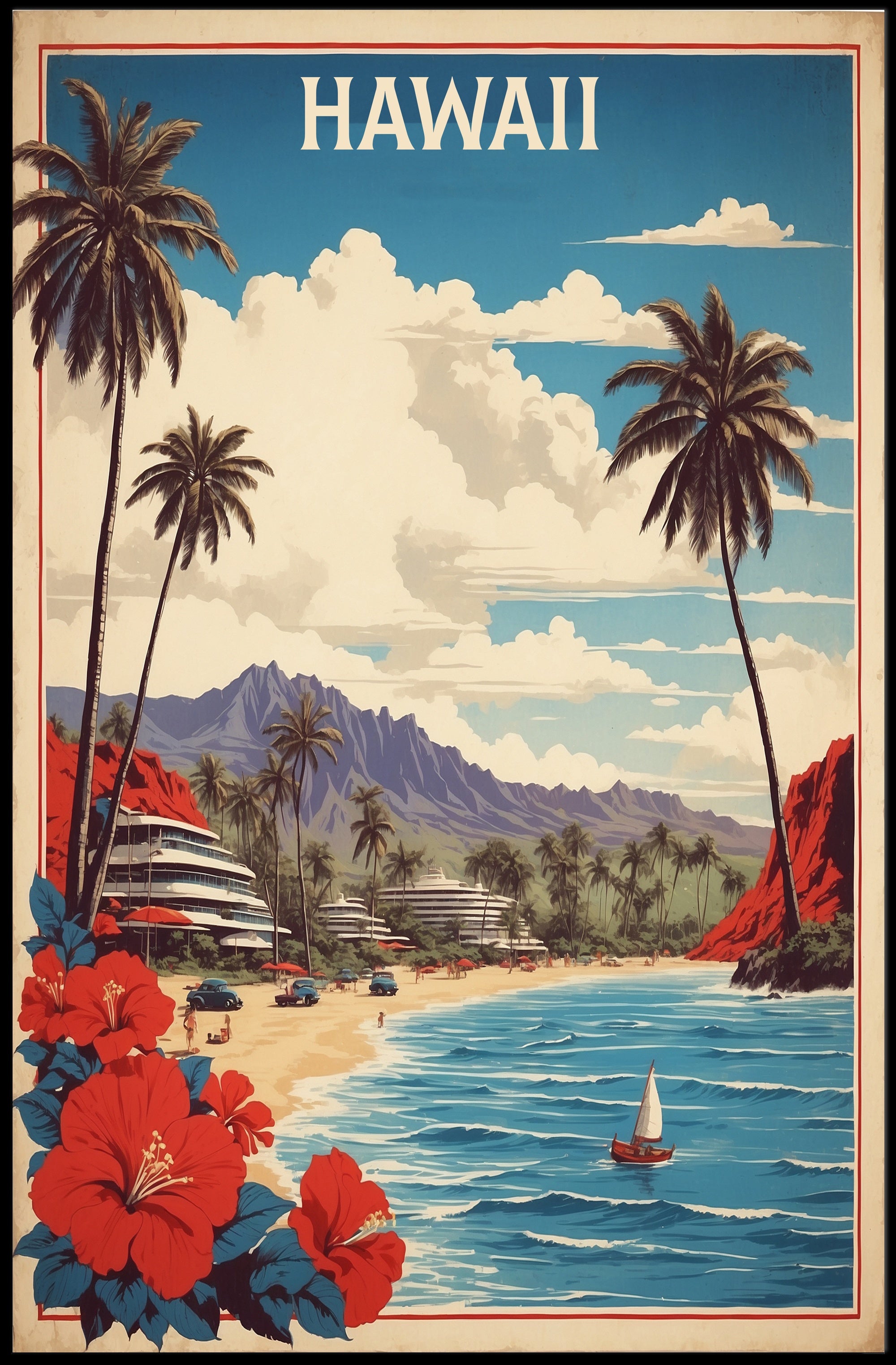 Hawaiian Beach Vintage Artwork Travel Poster PosterGoat