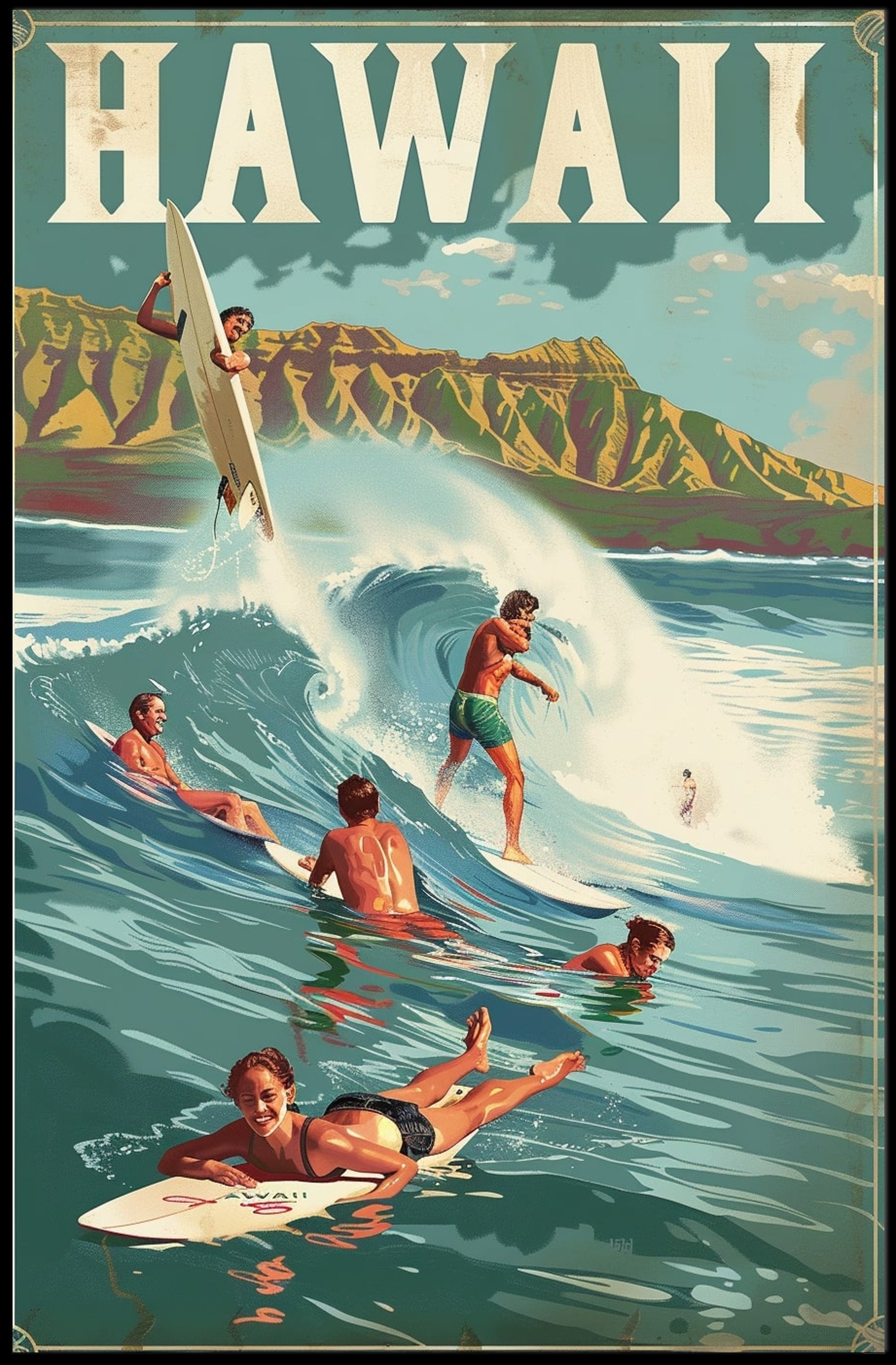 Hawaiian Surf Adventure Vintage Travel Poster PosterGoat