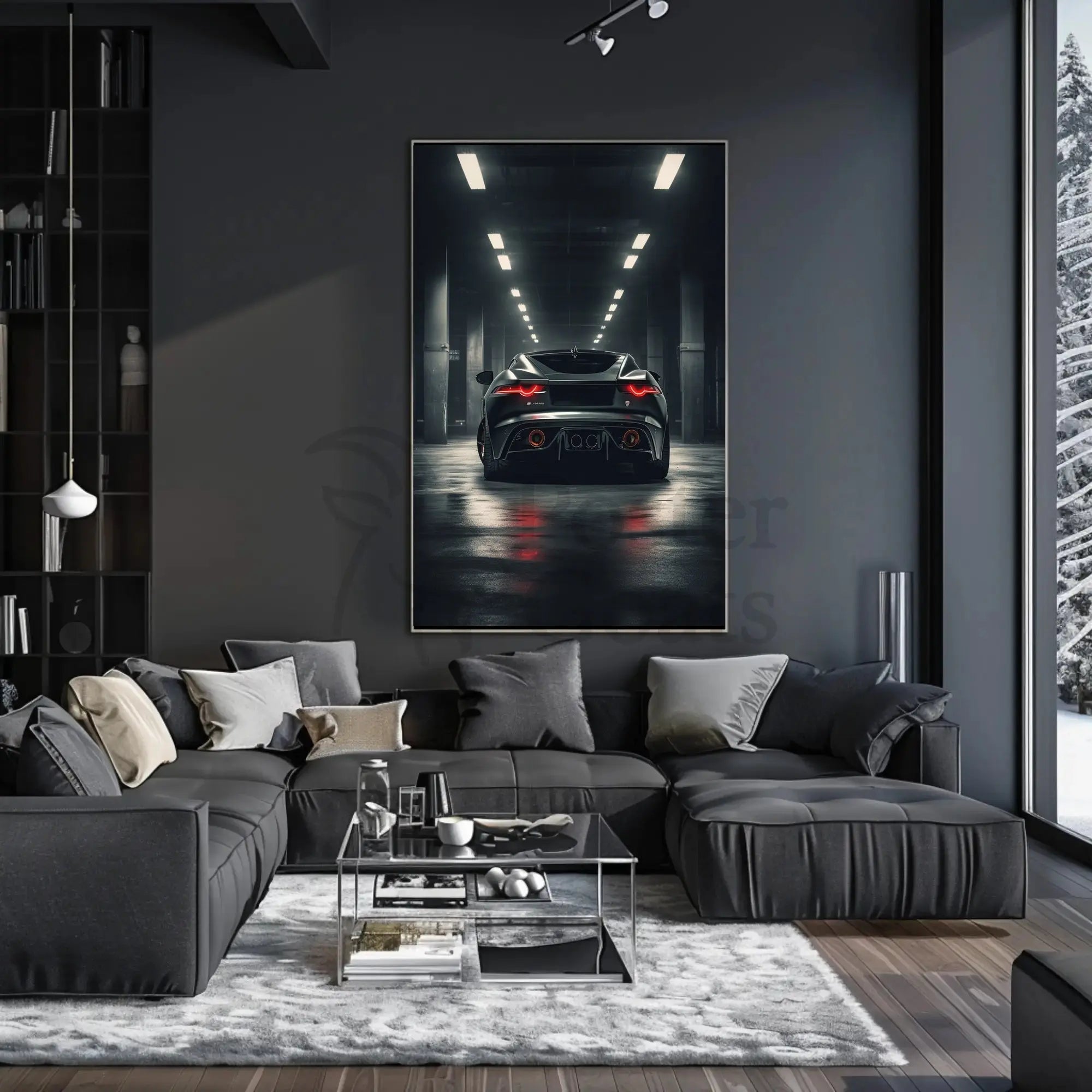 High-Performance Sports Car in Urban Garage Artistic Poster PosterGoat