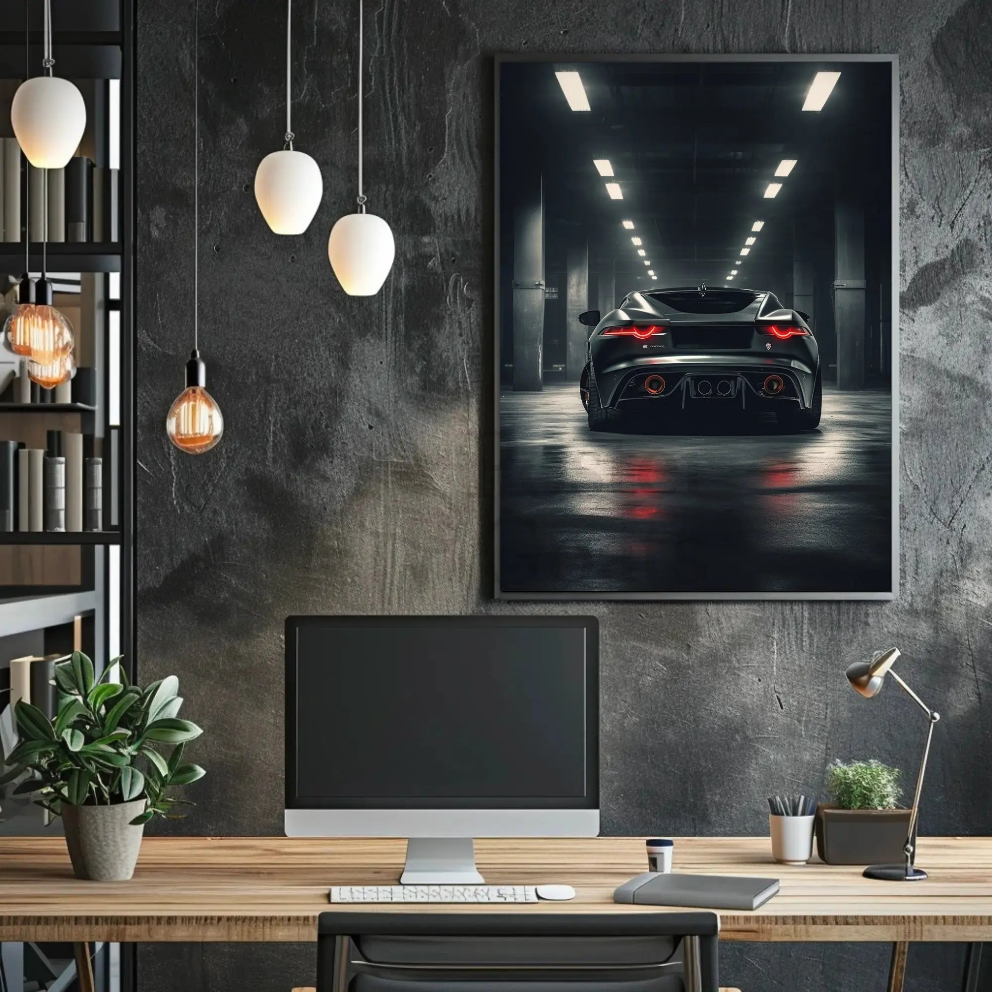 High-Performance Sports Car in Urban Garage Artistic Poster PosterGoat