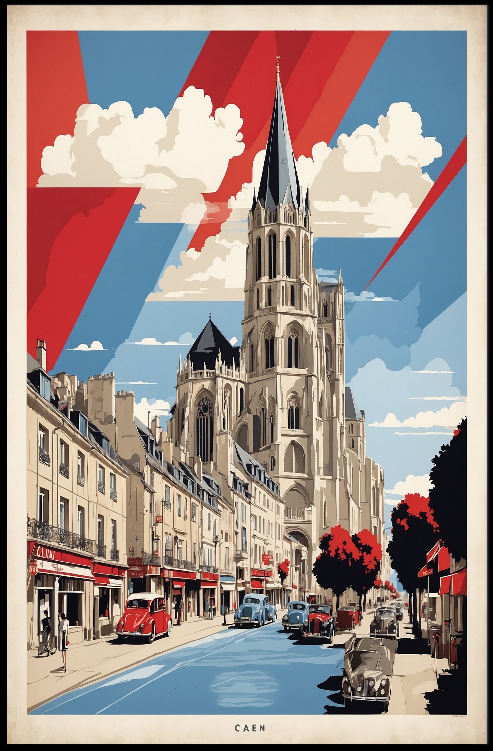 Historic Caen Cityscape Art with Cathedral Poster PosterGoat