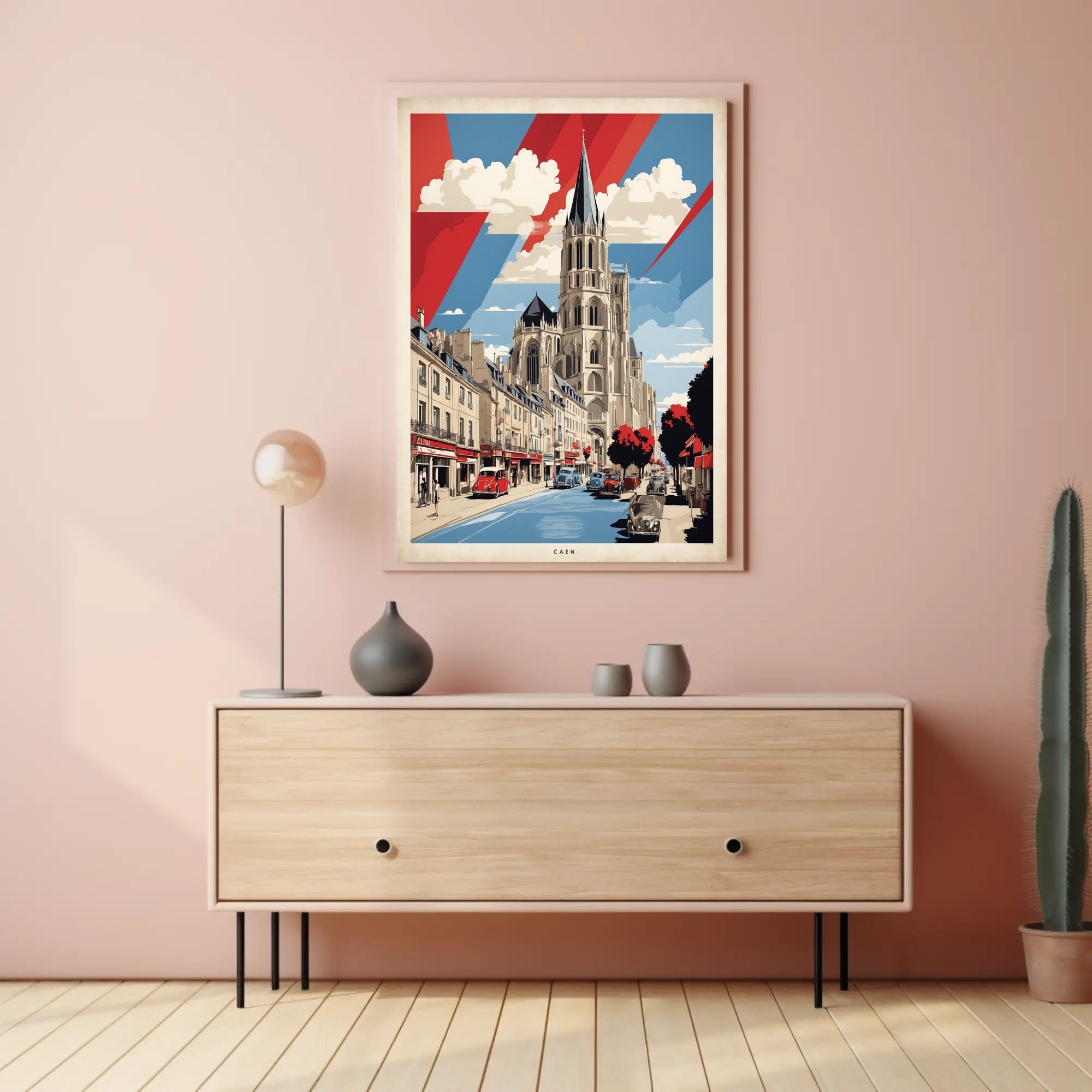 Historic Caen Cityscape Art with Cathedral Poster PosterGoat