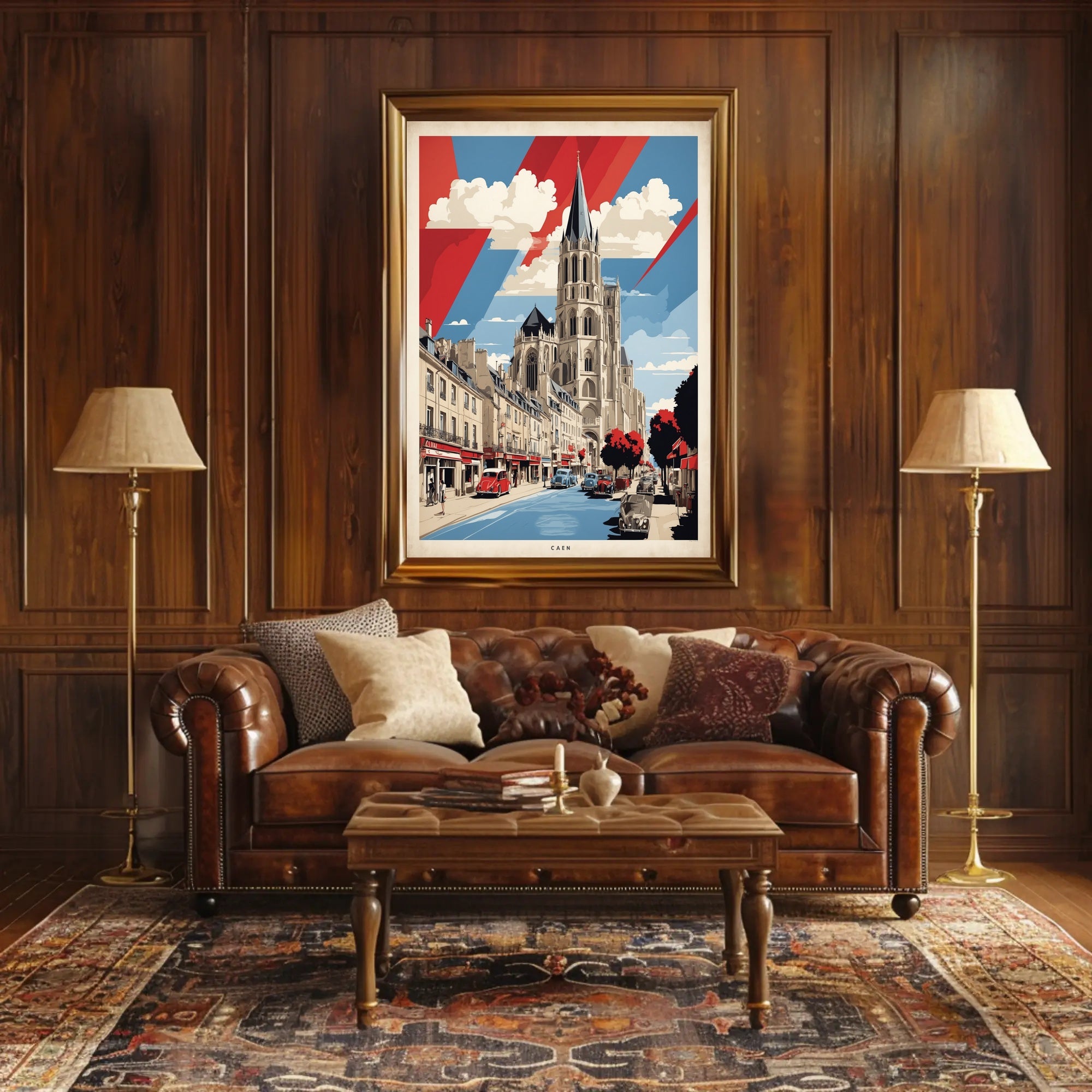 Historic Caen Cityscape Art with Cathedral Poster PosterGoat