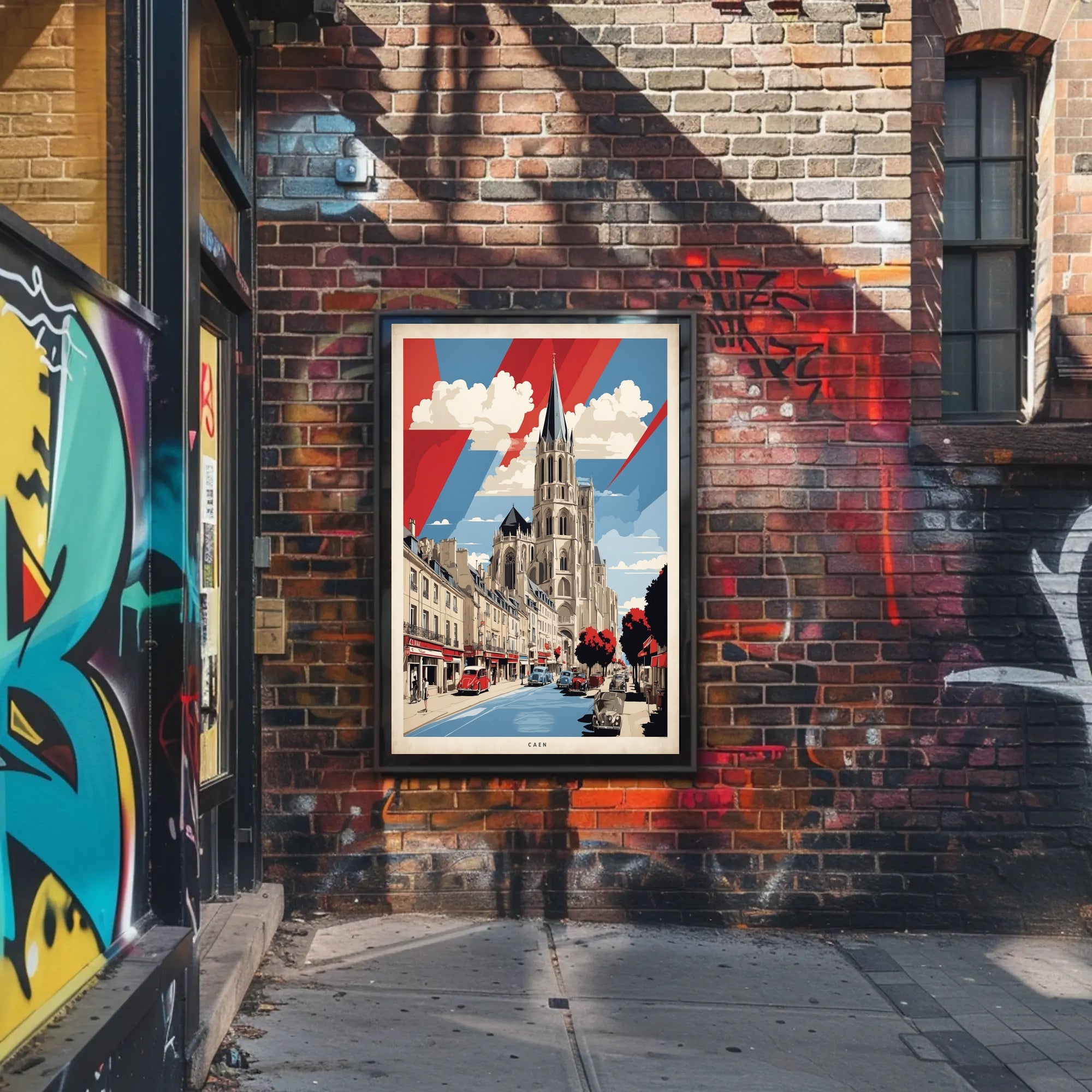 Historic Caen Cityscape Art with Cathedral Poster PosterGoat