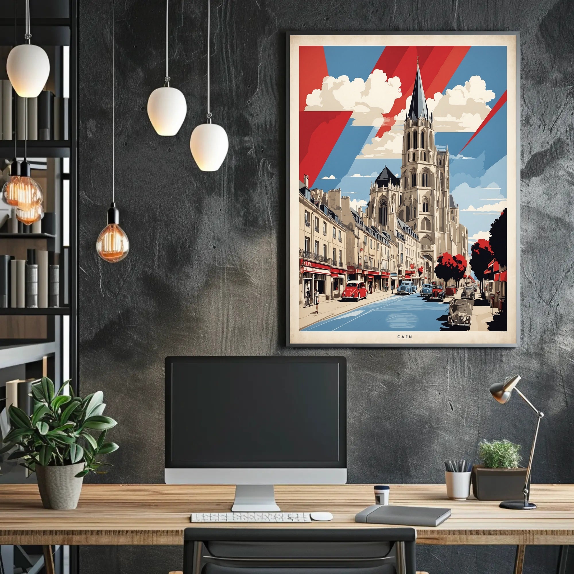 Historic Caen Cityscape Art with Cathedral Poster PosterGoat