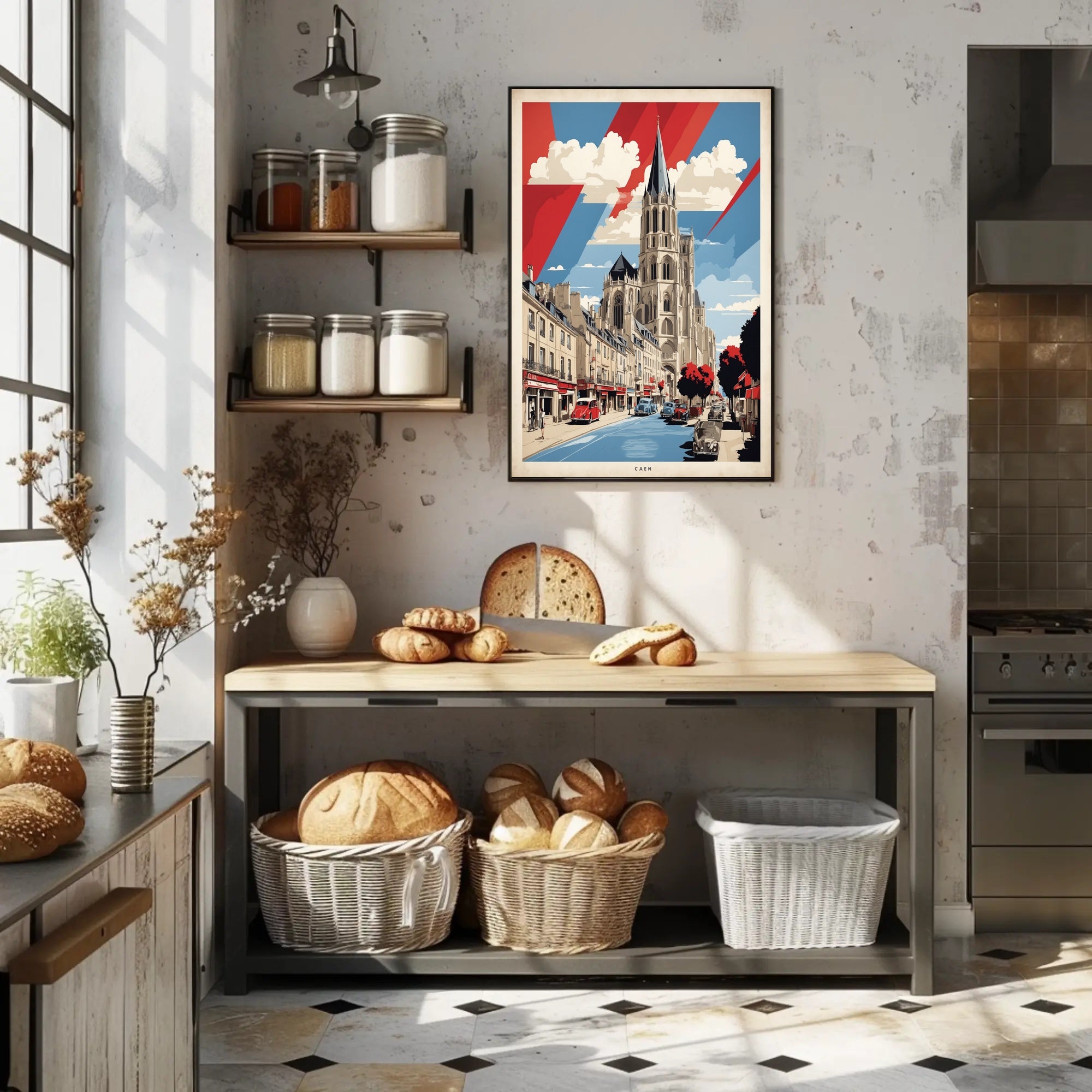 Historic Caen Cityscape Art with Cathedral Poster PosterGoat
