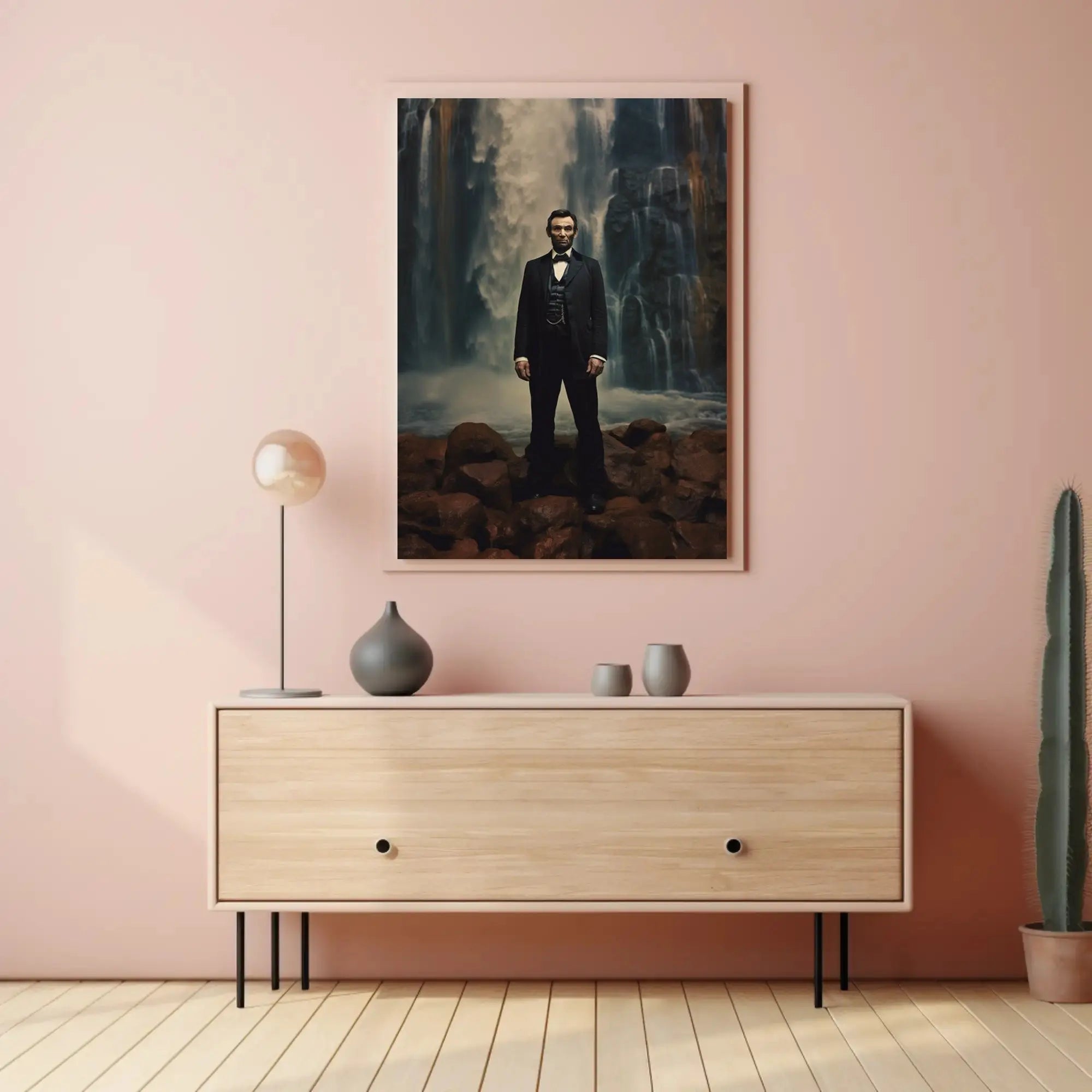 Historical Figure Against Waterfall Art Poster PosterGoat