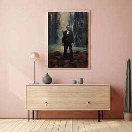 Historical Figure Against Waterfall Art Poster PosterGoat
