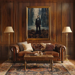 Historical Figure Against Waterfall Art Poster PosterGoat