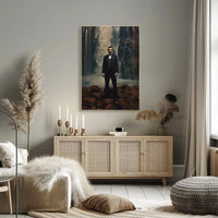 Historical Figure Against Waterfall Art Poster PosterGoat