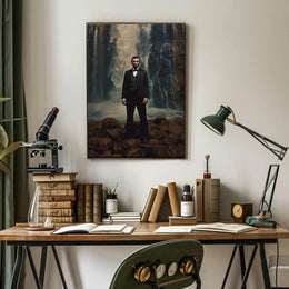 Historical Figure Against Waterfall Art Poster PosterGoat