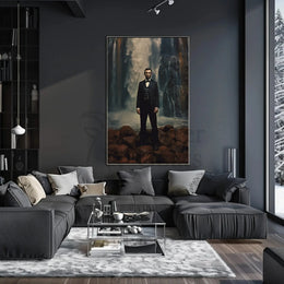 Historical Figure Against Waterfall Art Poster PosterGoat