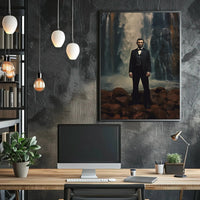 Historical Figure Against Waterfall Art Poster PosterGoat